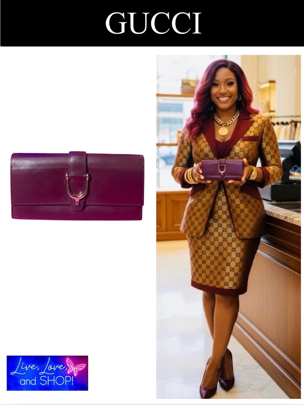 GUCCI Maroon w/Silver Hardware Leather Long Wallet, EUC